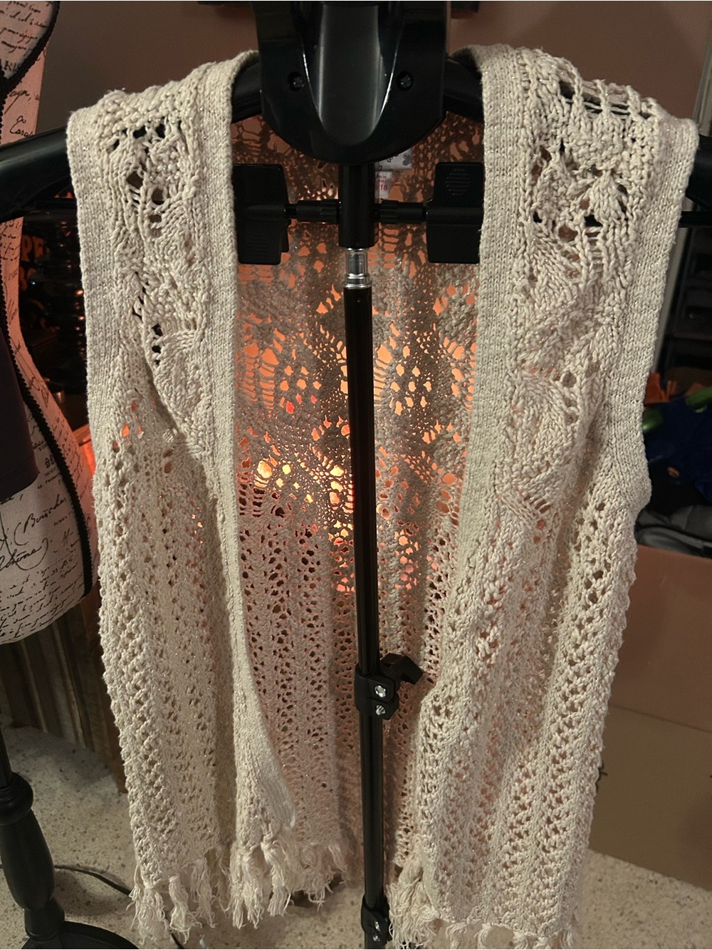 Justice Size 16/18 Light Cream Crochet Open-Front Sweater Vest